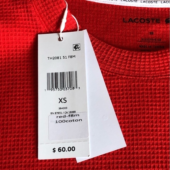Lacoste Mens Waffle Knit Thermal Sleep Shirt Red Size XS - Picture 10 of 11